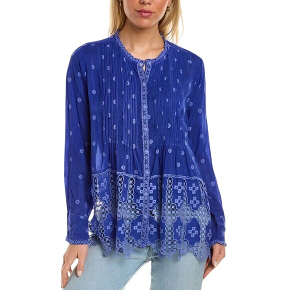 NWT Johnny Was Sz S Silky Cobalt Blue Tunic Top Embroidered Eyelet Lace Summer - Picture 4 of 12